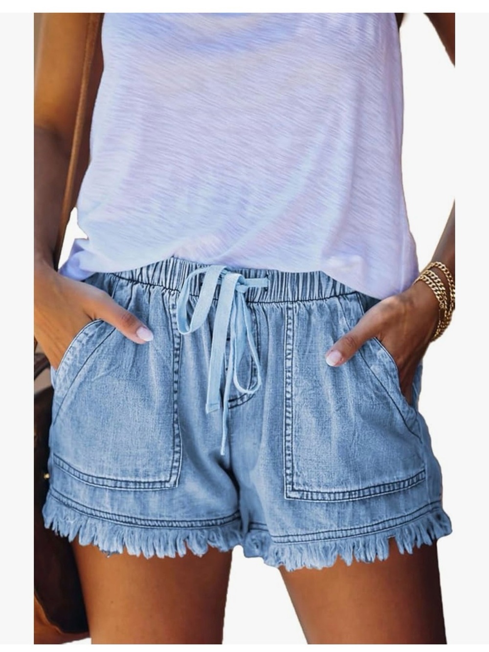 Light Blue Denim Drawstring Frayed Hem Women's Shorts